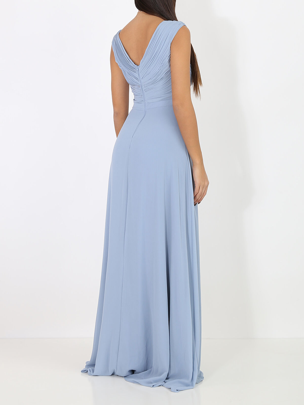 Robe longue drapée avec fente- Bleu givré