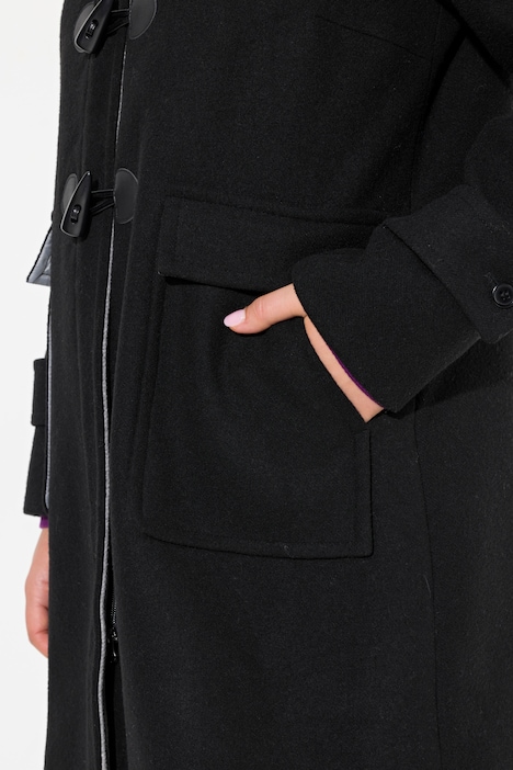 Dufflecoat, A-Linie, Wollmischung, Kapuze, Knebelknöpfe