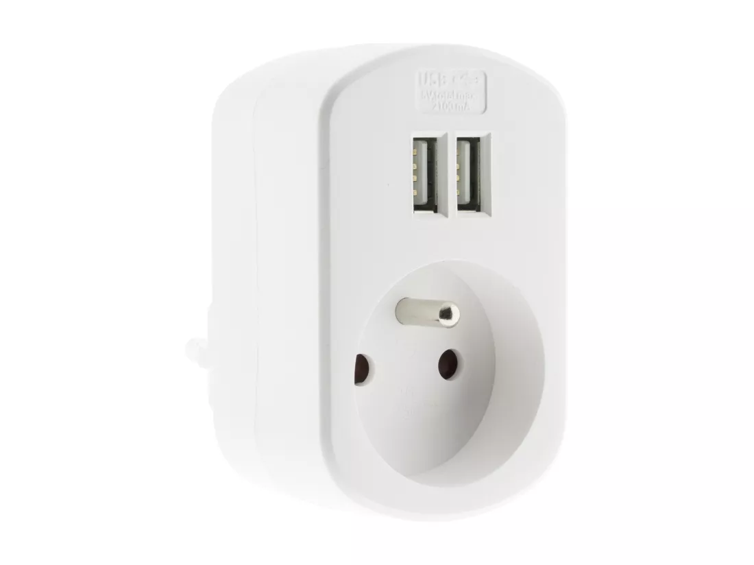Prise 16A 2P+T + avec 2x ports USB 3.4A - Blanc - Zenitech