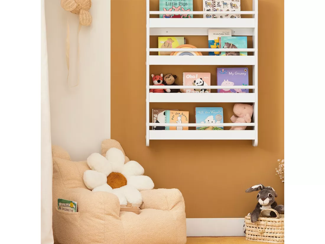 Bibliothèque Murale Étagère à Livres Enfants Étagère de Rangement avec 4 Étages, KMB08-K-W
