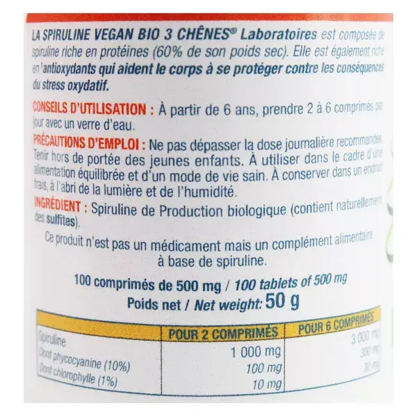 Les 3 Chênes Tonus & Immunité Spiruline Vegan Bio 100 comprimés