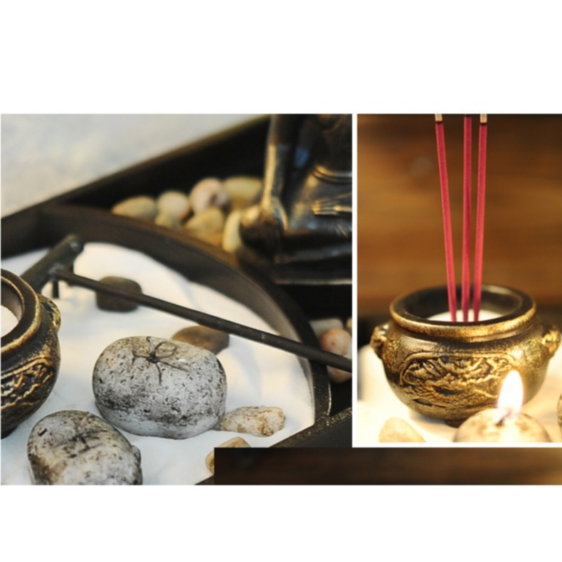 (11-tlg. Set) Buddha Zen Garten Home Deko mit Räucherstäbchen   Teelicht in Stein Optik - Schwarz