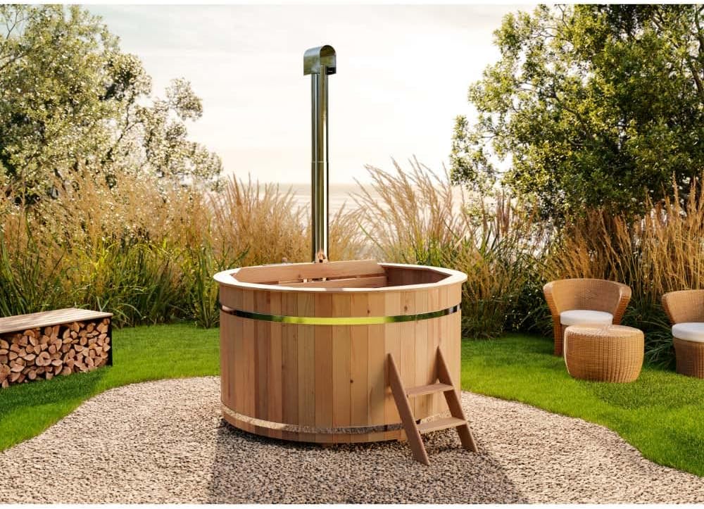 Holz Badefass Bergen, Hot Tub Ø 180 x 110 cm, inkl. Edelstahl-Ofen 22 kW und Einstiegsleiter, 5-6 Personen, Schwimmbecken, Badebottich, Sprudelbad