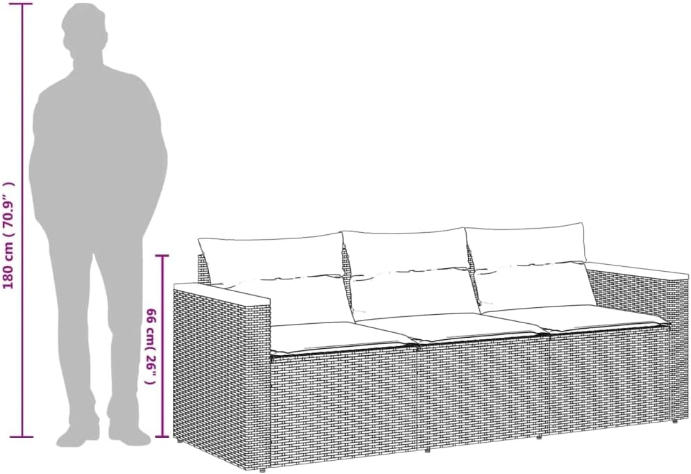 vidaXL Gartensofa 3-Sitzer, Loungesofa Sofa mit mit Kissen, Sitzgruppe Stahlrahmen, Gartenmöbel Lounge Rattanmöbel, Grau Poly Rattan