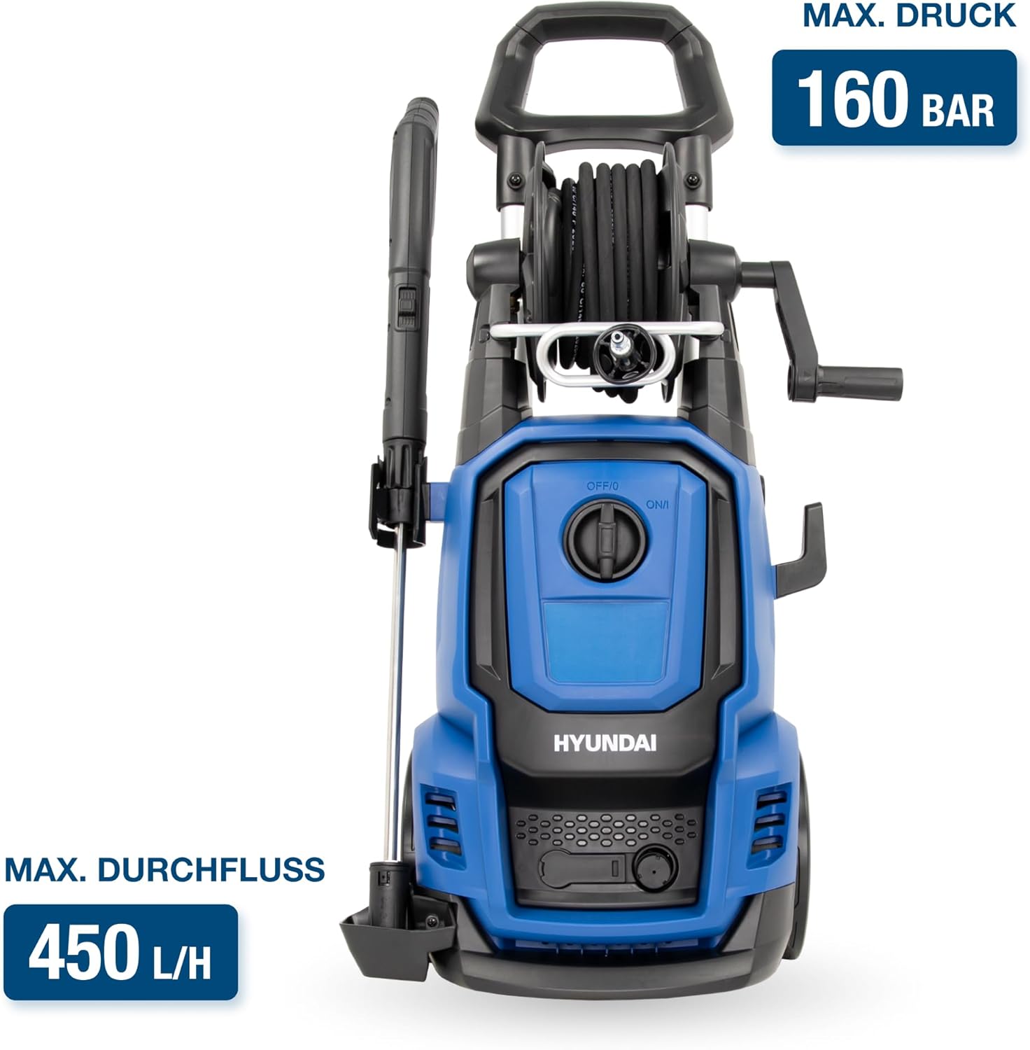 HYUNDAI Hochdruckreiniger HPW2000CE, max. 160 bar - 450 l/h, 2000 W, verdreh-sicherer 10m Schlauch, Edelstahl-Lanze mit Verstellbarer Düse, rotierende Turbodüse, Seifenflasche