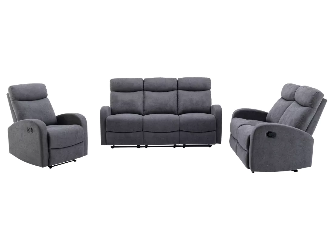 Canapés 3 places 2 places et un fauteuil relax en tissu gris EVELYN