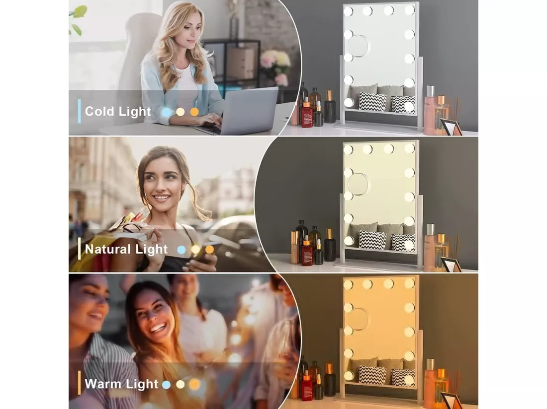 Miroir Maquillage Lumineux 30x41cm,Miroir LED 12 Lumières Miroir Hollywood Rotation à 360° Miroir Coiffeuse Contrôle Tactile,Blanc