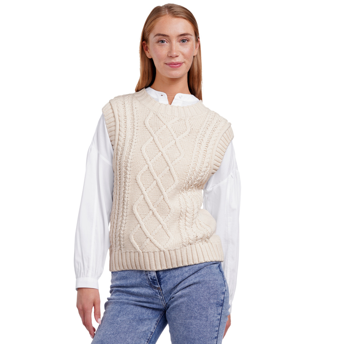 Jonas Nielsen Damen Strickpullunder mit Zopfmuster beige
