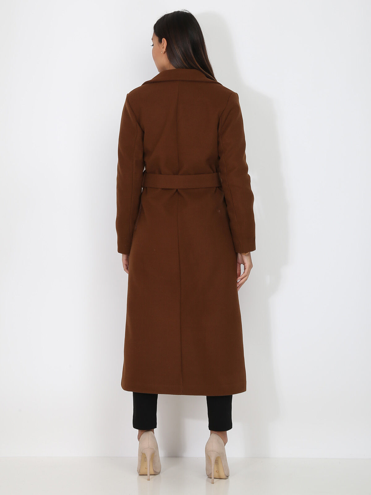 Manteau mi-long croisé et ceinturé- Marron