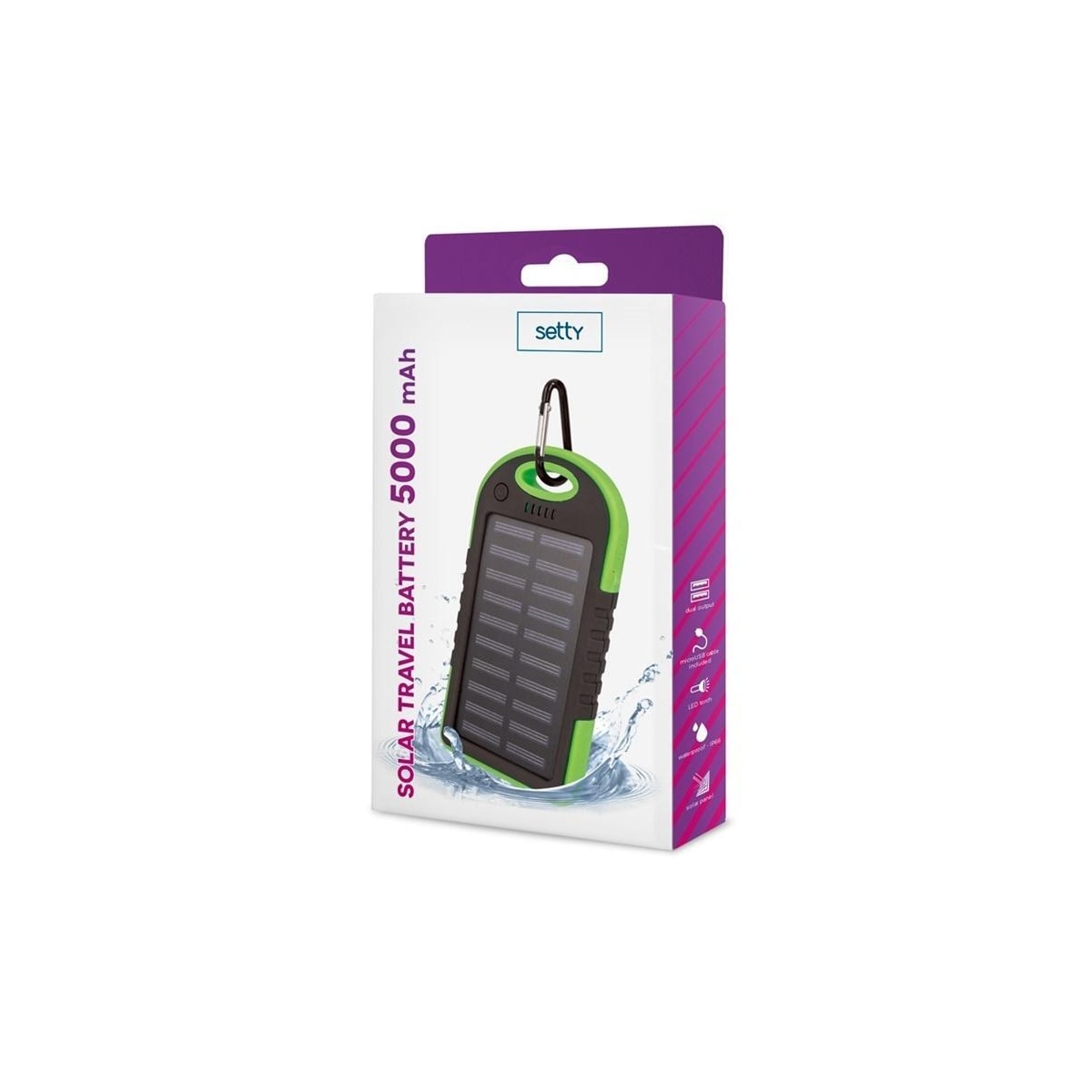 Setty powerbank med solceller, 5000 mAh, Grön