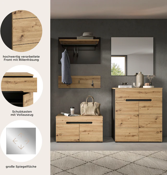 INOSIGN Garderoben-Set »REHAT, TOPSELLER!, 5-teilig, Breite 175cm, individuell stellbar« bestehend aus: Sitzbank, Paneel, Hakenleiste, Spiegel, Kommode, 4 Stk. tlg.