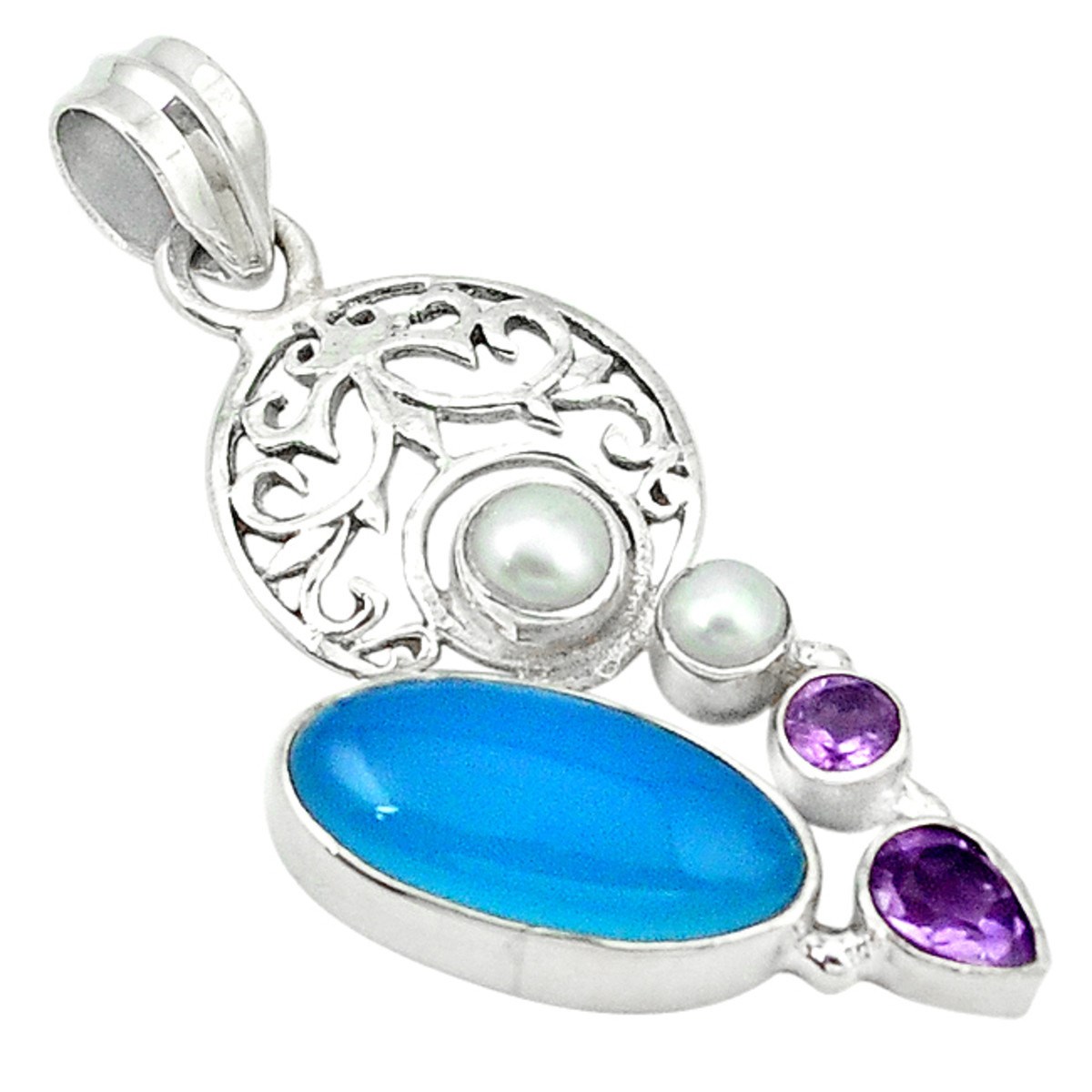 Pendentif fantaisie en calcédoine bleue aqua, améthyste et argent 3,5cm gxi186