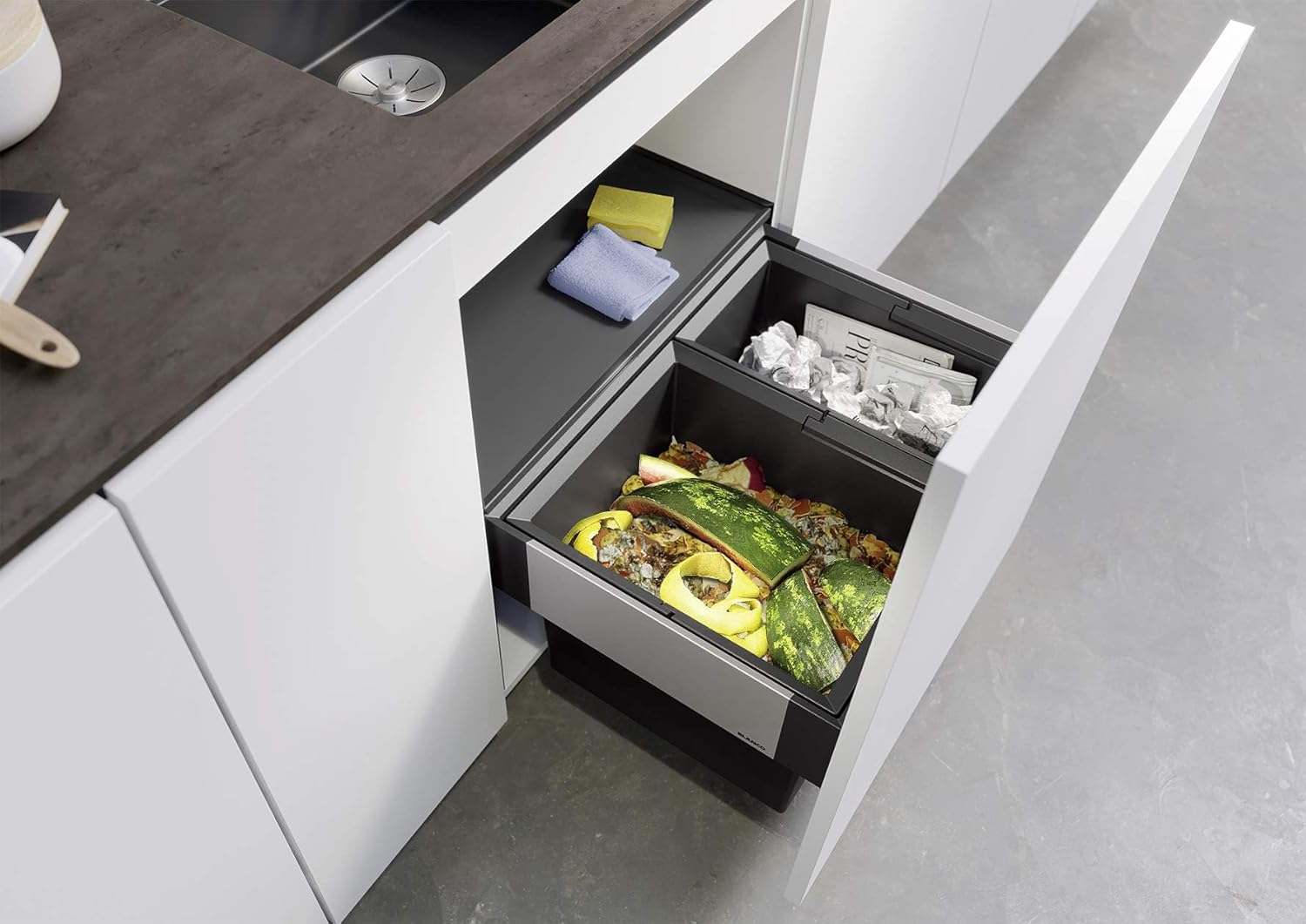 BLANCO SELECT II 60/2 | Abfall Müllsystem | für 60 cm breite Unterschränke | Auszugssystem zur Frontanbindung | 1 x 30 Liter und 1 x 19 Liter Eimer | 400mm Auszugstiefe | [56,8x40x36,1 cm]