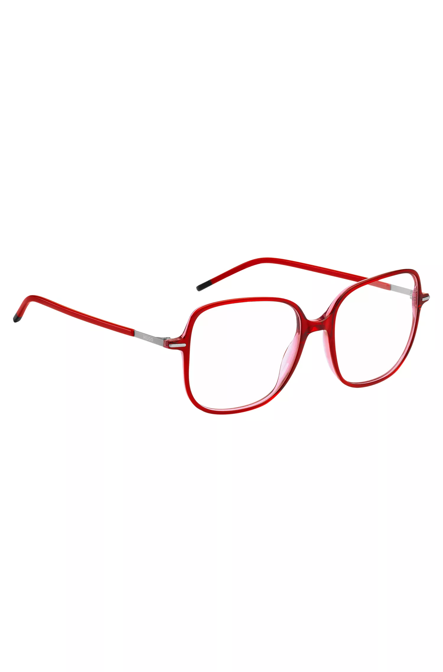 Óculos de grau HUGO em acetato vermelho com hastes em aço inoxidável.