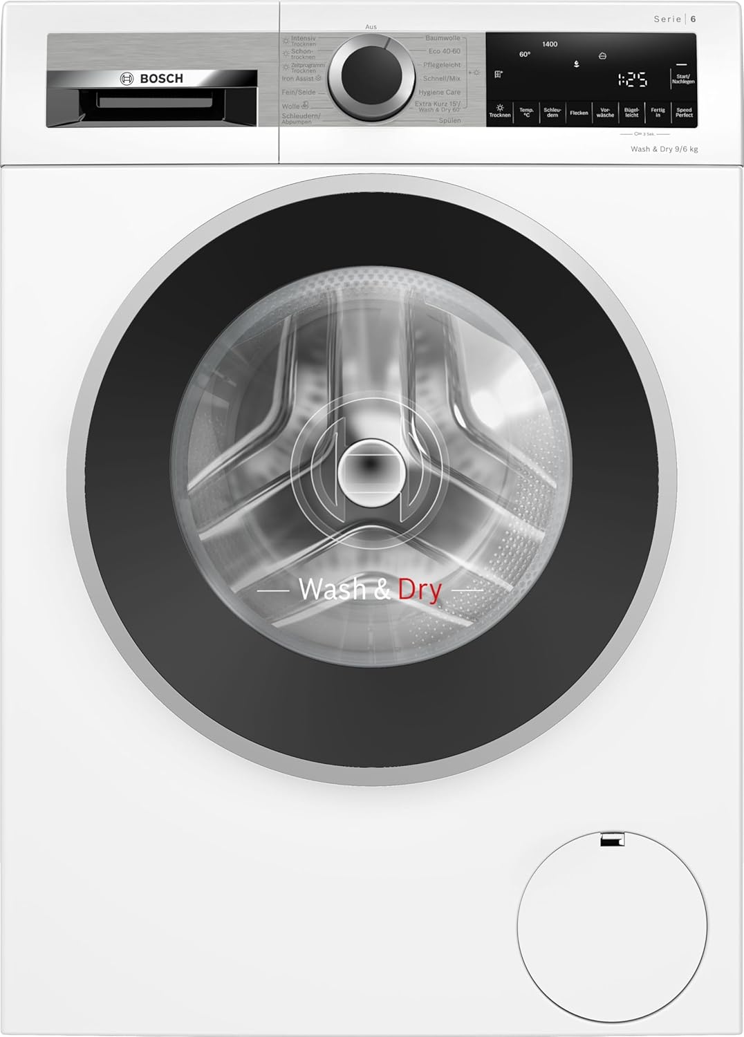 BOSCH WNG24441 Waschtrockner Serie 6, Frontlader mit 9-6kg Fassungsvermögen, 1400 UpM, EcoSilence Drive, Fleckenautomatik, Iron Assist, SpeedPerfect, AutoDry, Weiß, 60cm