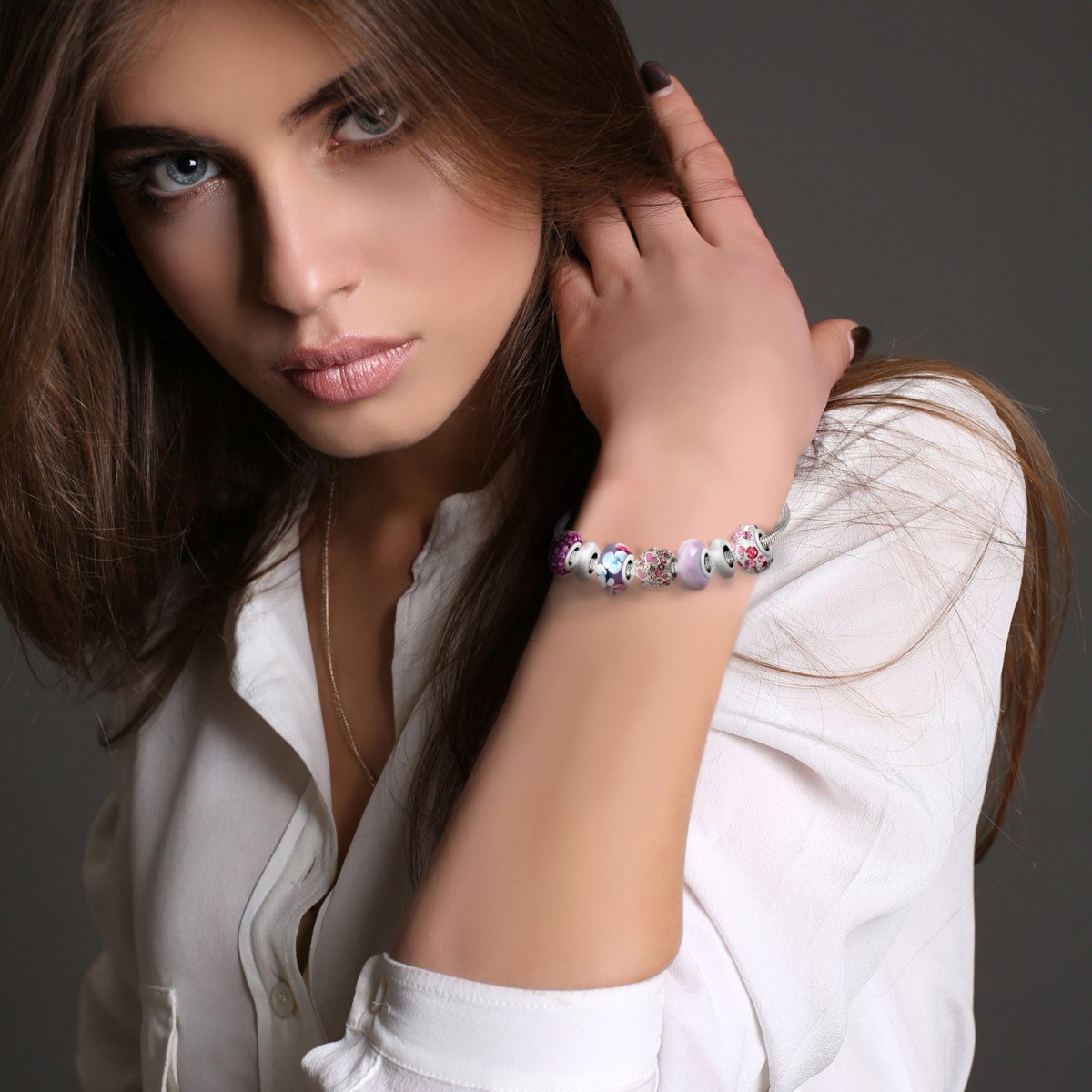 Bracelet de charms perles roses et acier SC Crystal