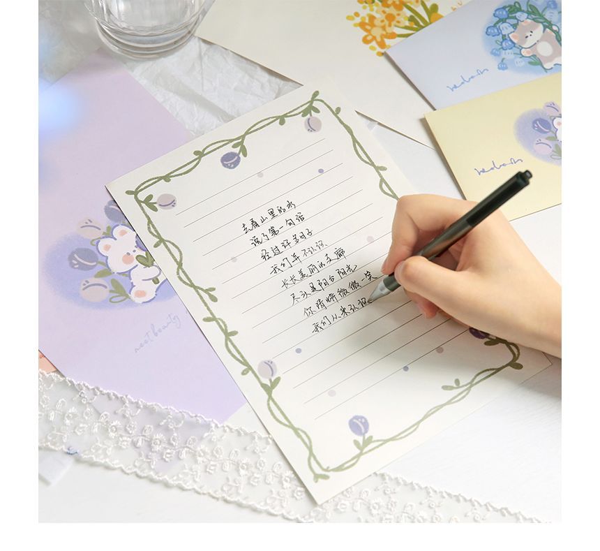 Schattige essentials - Set: Cartoon Print Envelop + Briefpapier + Bladwijzer + Sticker (verschillende ontwerpen)