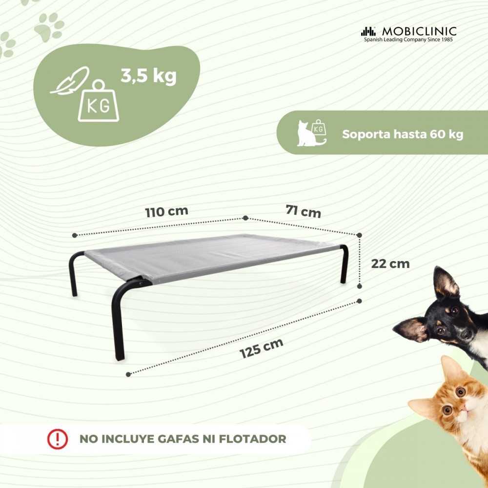 Cama elevada para animais de estimação | Isolante térmica | 122 x 71 x 21 cm | Máx. 60 kg | Leve | Durável | Cinza | Cleo | Mobiclinic