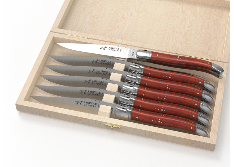 Service de 6 couteaux Laguiole avec un manche en bois de corail et mitres en acier inoxydable