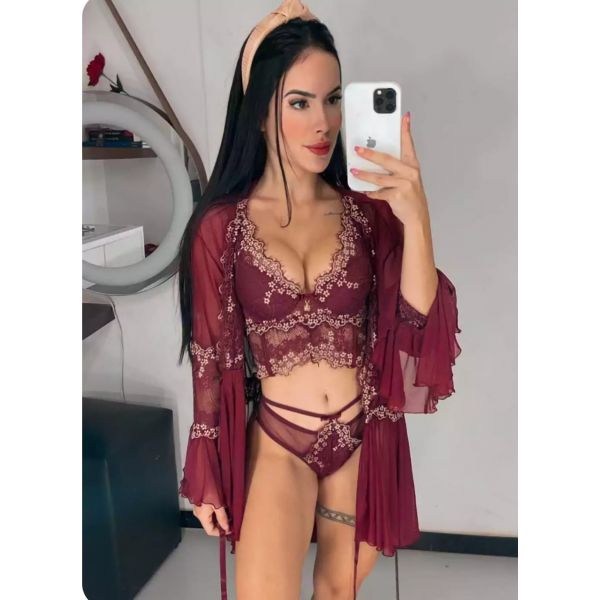 Donna Chic Kit Robe Tule com Conjunto Luxo Bordeaux L