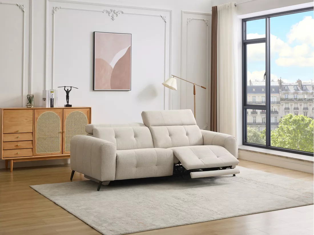 Canapé 3 places relax électrique en tissu beige CLODI
