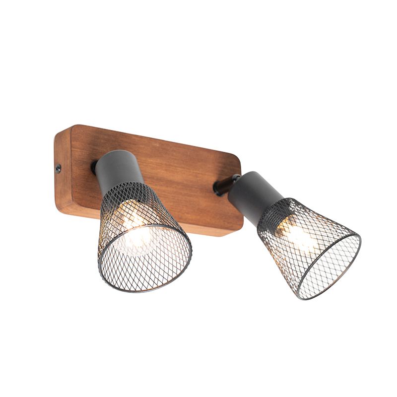 Industriële spot zwart met hout 2-lichts - Kristina