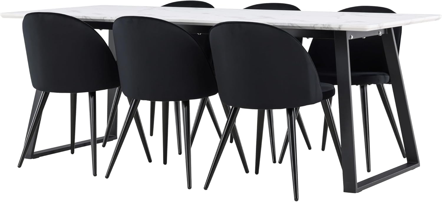 Malaga Essgruppe Esstisch 90x200cm weiß und 6 Skagen Stuhl velour schwarz. Malaga im modernen skandinavischen Design – hochwertig, funktional und zeitlos. Das Malaga-Esstischset mit Esstisch 90 x 200 MR9651580