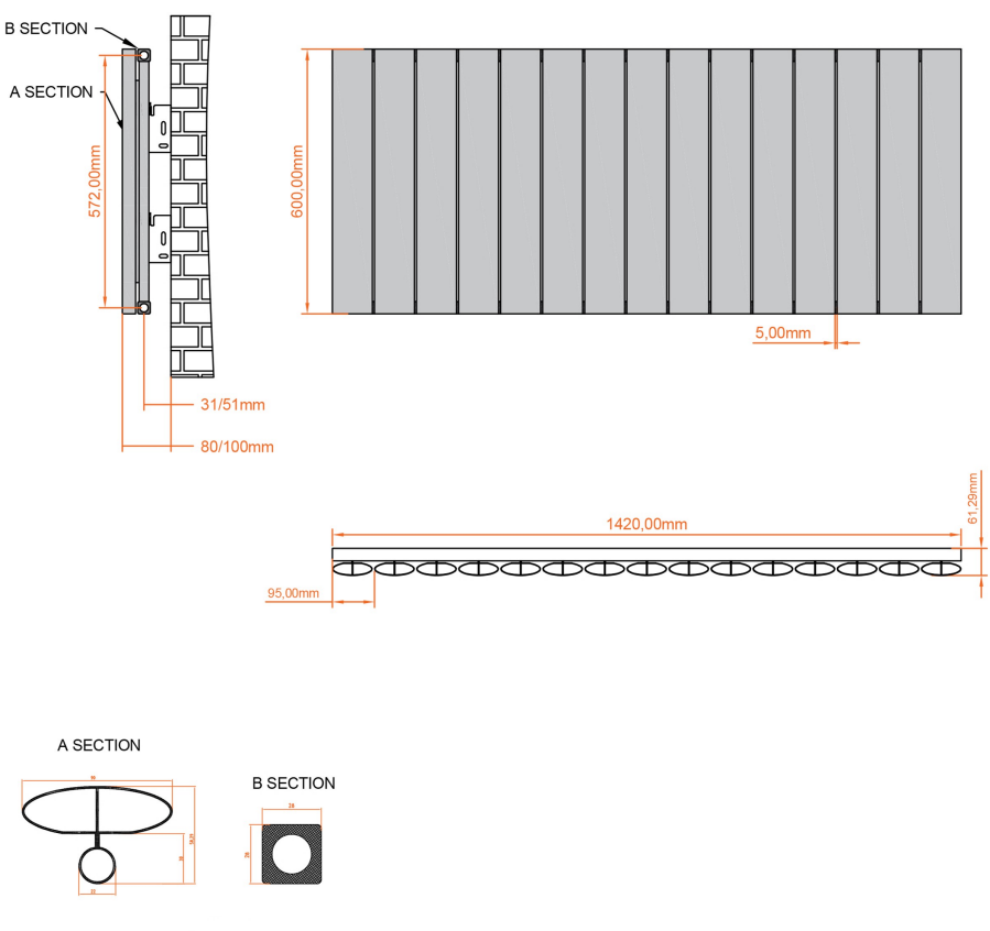Eastbrook Malmesbury radiator 140x60cm aluminium 1394W grijs mat