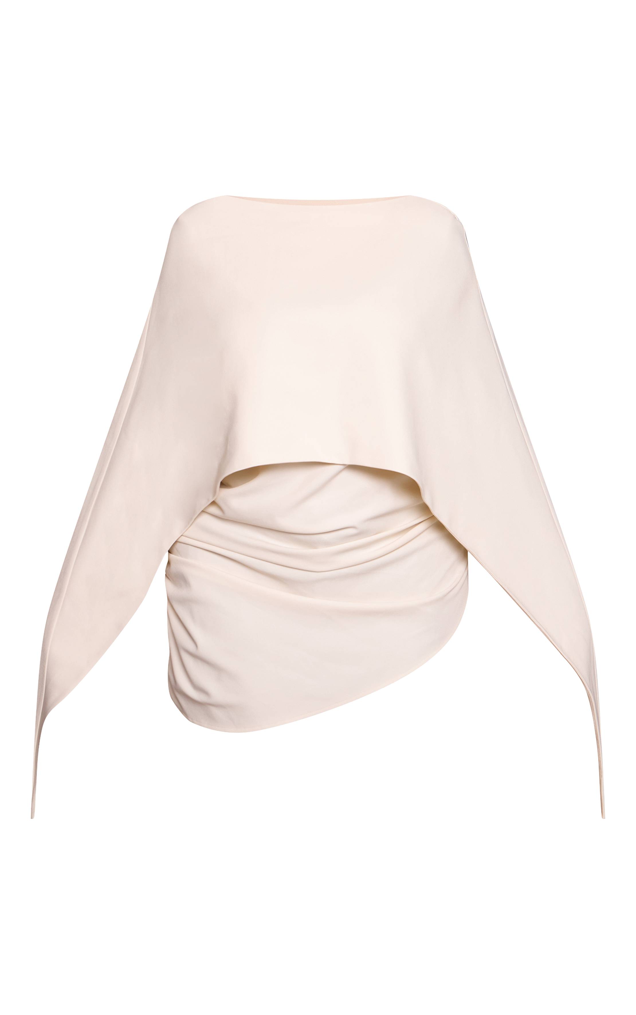 Ecru Haut Long Froncé Grande Taille Avec Détail Cape En Tissu Tissé