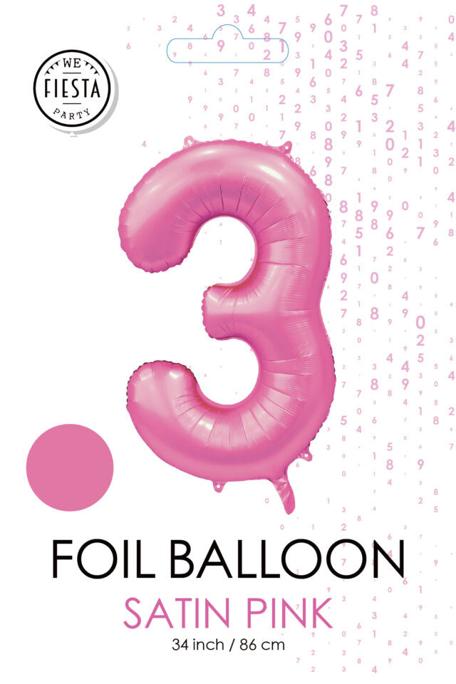 Roze Cijfer Ballon 3 Jaar Glans 86cm
