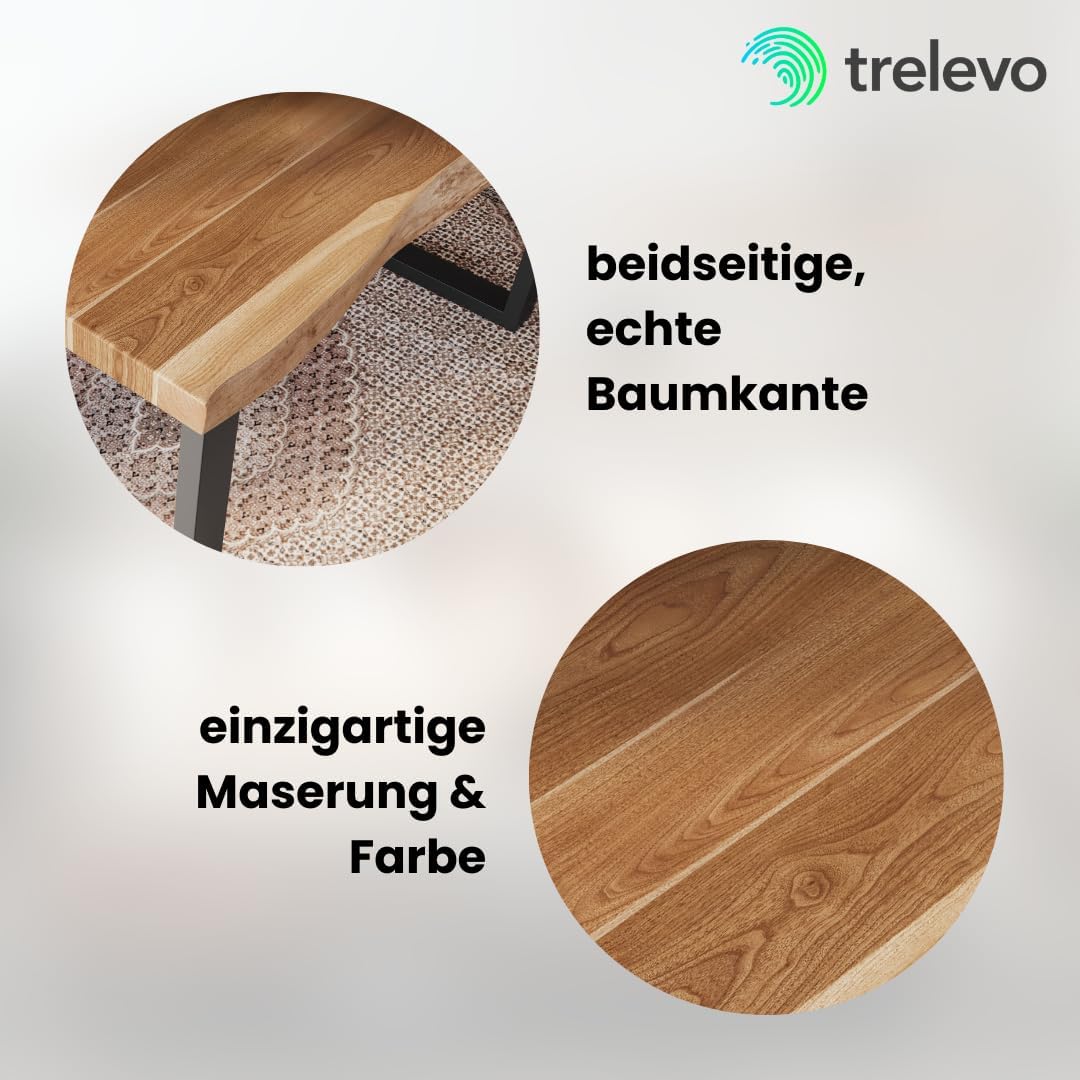 Esszimmertisch 120x80 cm, Akazienholz massiv, Tischplatte naturfarben, echte Baumkante, U-Gestell schwarz, Baumkantentisch