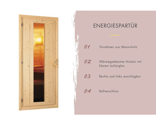 Karibu Petalit modulaire sauna inclusief 9 kW kachel en geïntegreerd besturingssysteem met dakrand en geïsoleerde houten deur met dubbele beglazing.