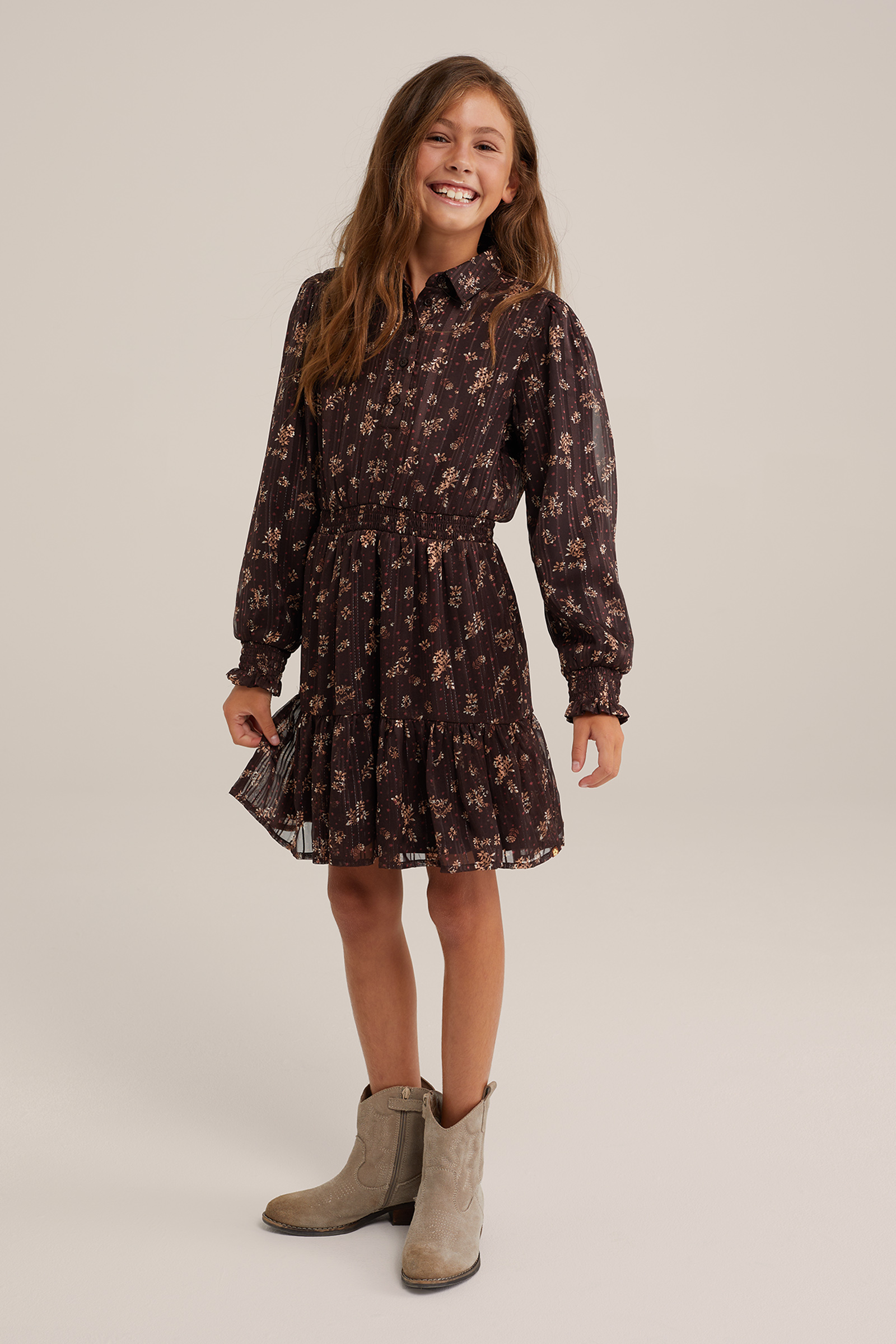 Meisjes jurk met dessin WE Fashion Donkerbruin