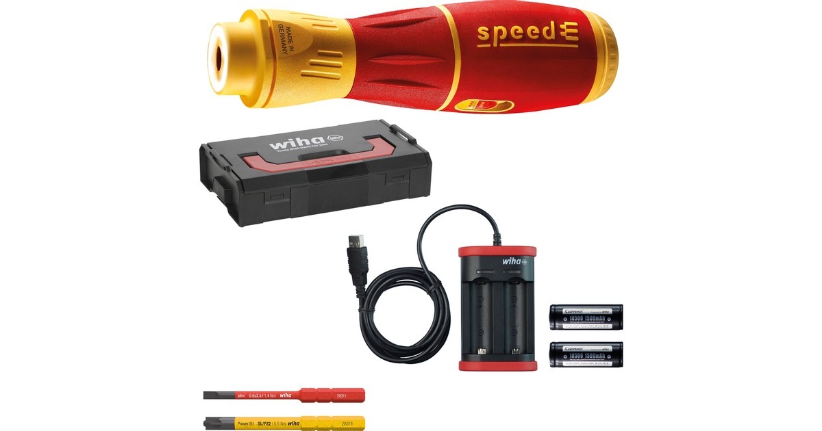 WihaE-schroevendraaier speedE II electric schroefboor  (Rood/geel, 7-delig met slimBits, Accu inbegrepen)