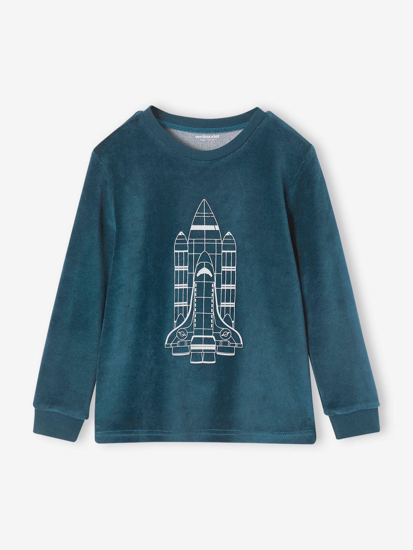 Pijama de veludo azul-petróleo com foguete que brilha no escuro para meninos