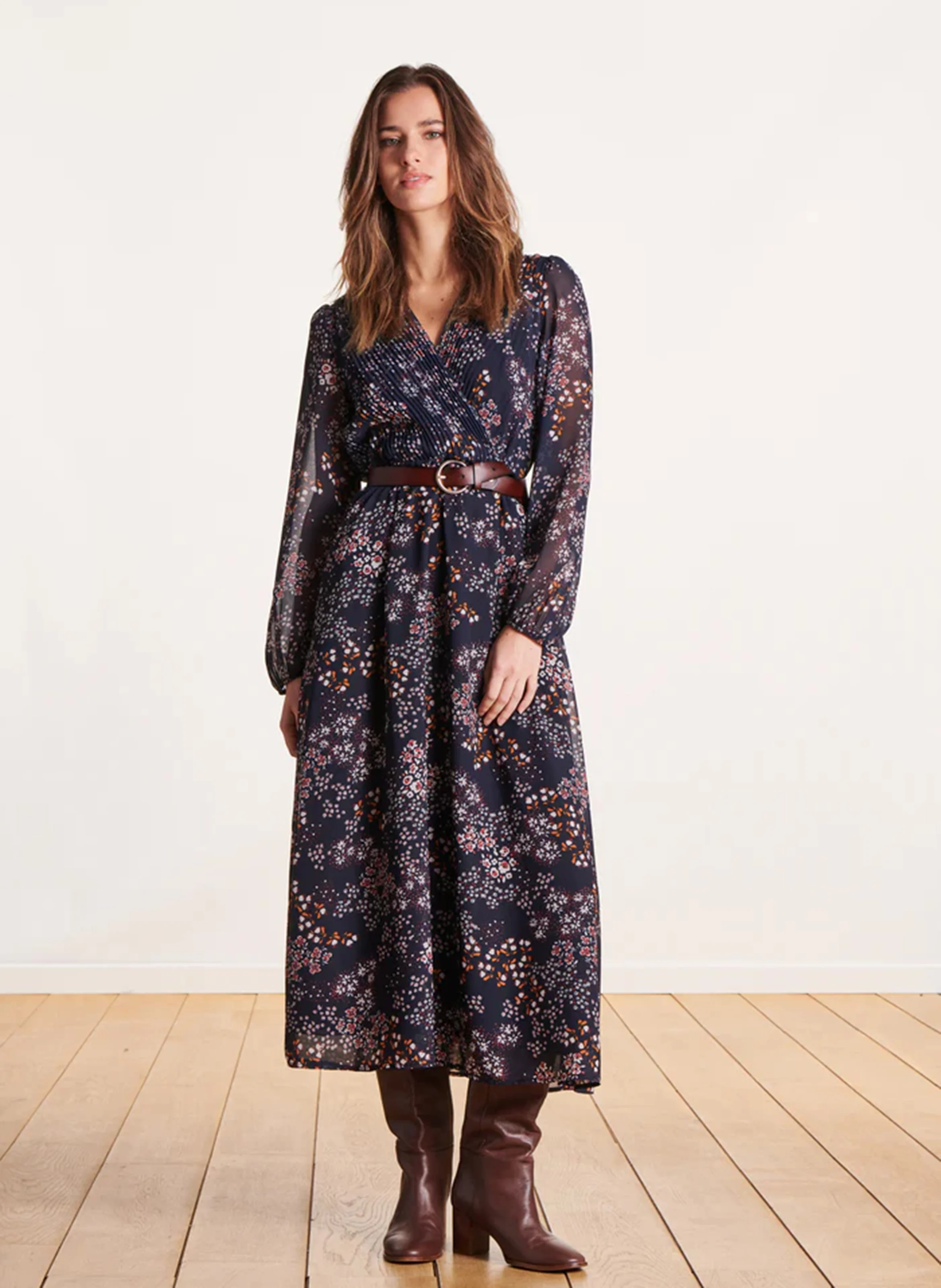 Robe longue plissée à fleurs | Bleu