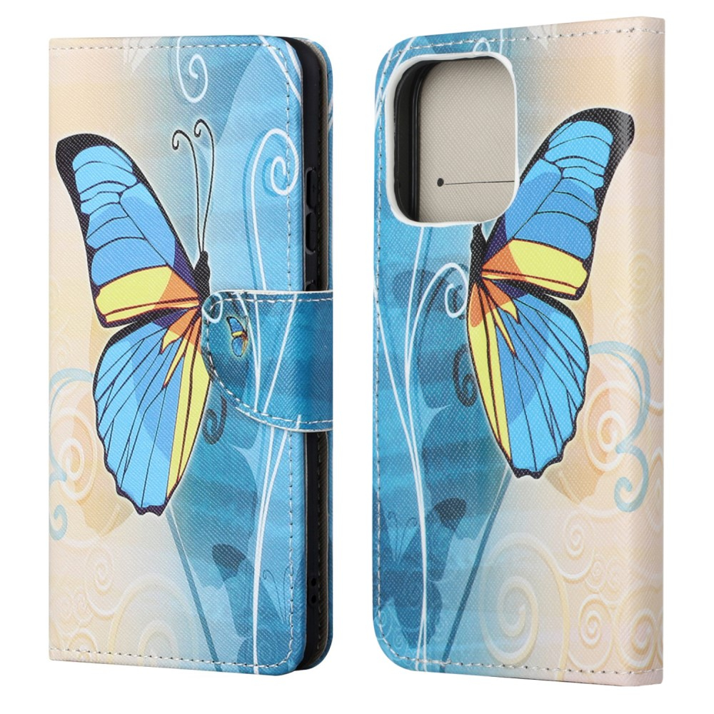 iPhone 13 Leder Tasche mit Kartenfach Schmetterling - Blau