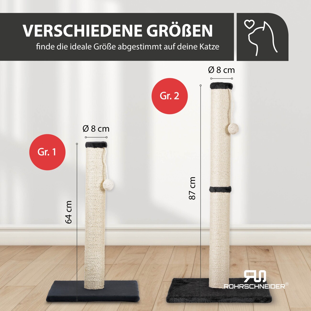 Rohrschneider ® Katzenbaum L Stamm, inkl. Gratis-Spielkugel 2er-Set dunkelgrau 36 cm, 64 cm, 36 cm