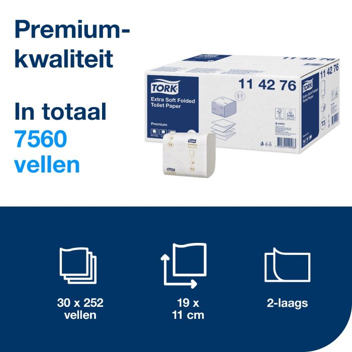 Tork 114276 Premium toiletpapier Tissue T3 2-lgs gevouwen wit 19x11cm doos a 7560 vel (114276)