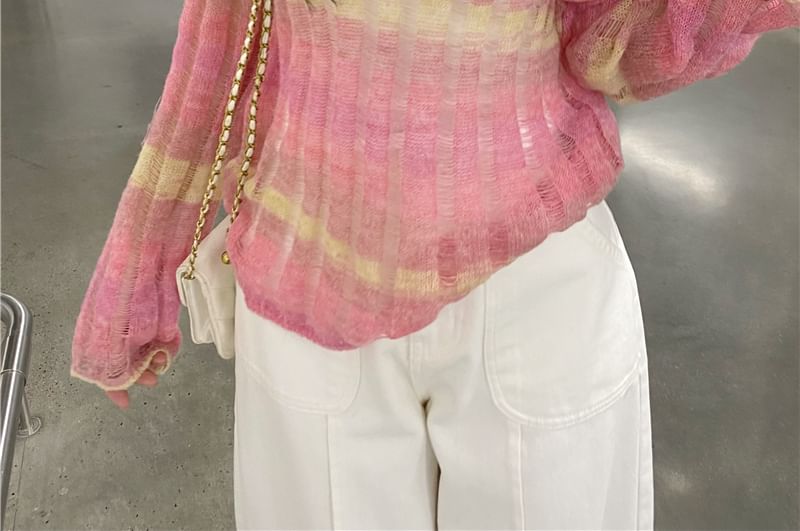 Shinsei - Top met lange mouwen en boothals in kleurblokmotief en distressed breiwerk