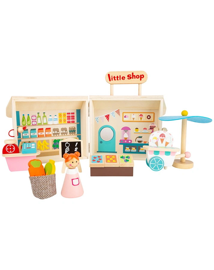 Puppen-Einkaufsladen LITTLE SHOP im Koffer 15-teilig aus Holz