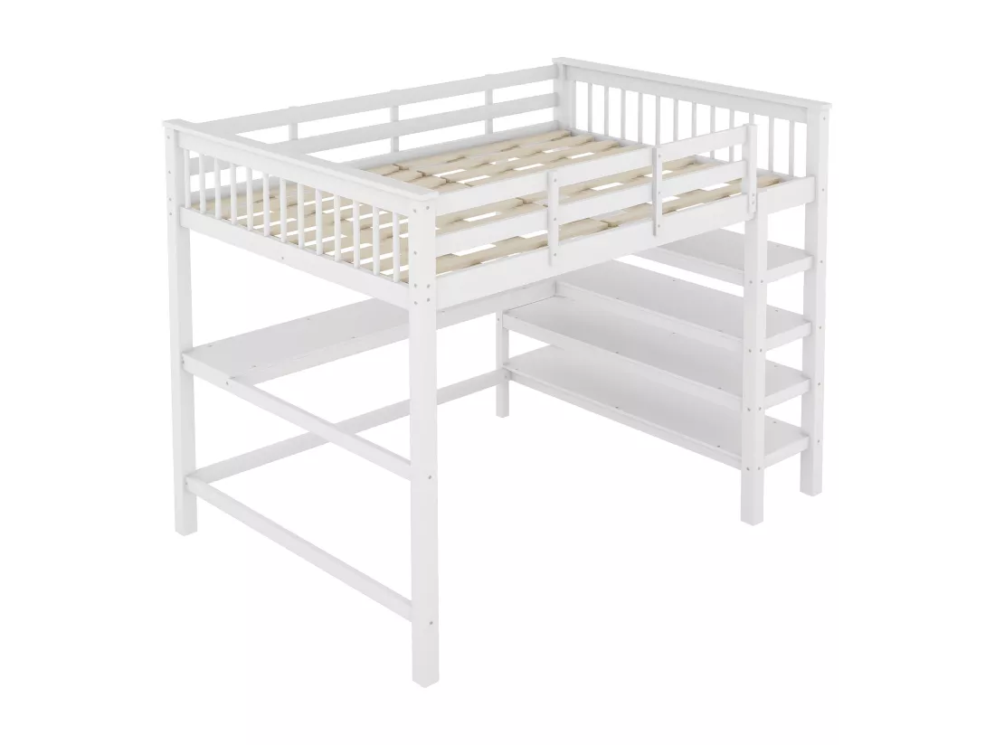 Lit mezzanine 140 x 200 cm avec bureau et étagères de rangement - Bois de pin + MDF - Blanc