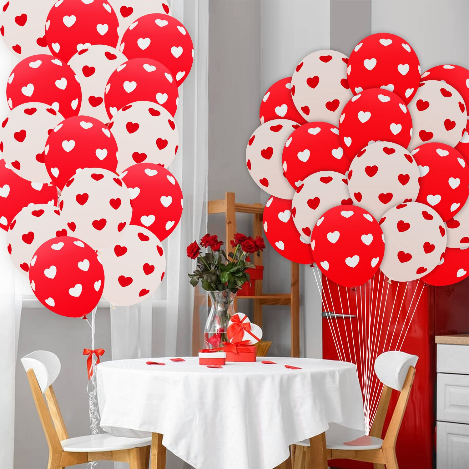 (100er Set) Ø30cm Party Ballons Deko Latex Luftballons mit Herzen - Weiss / Rot