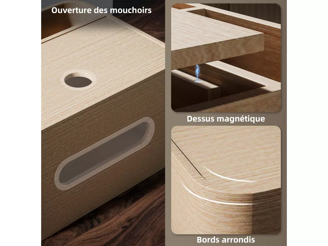 Organiseur de bureau rangement bureau - 2 compartiments, boîte à mouchoirs - aspect bois naturel