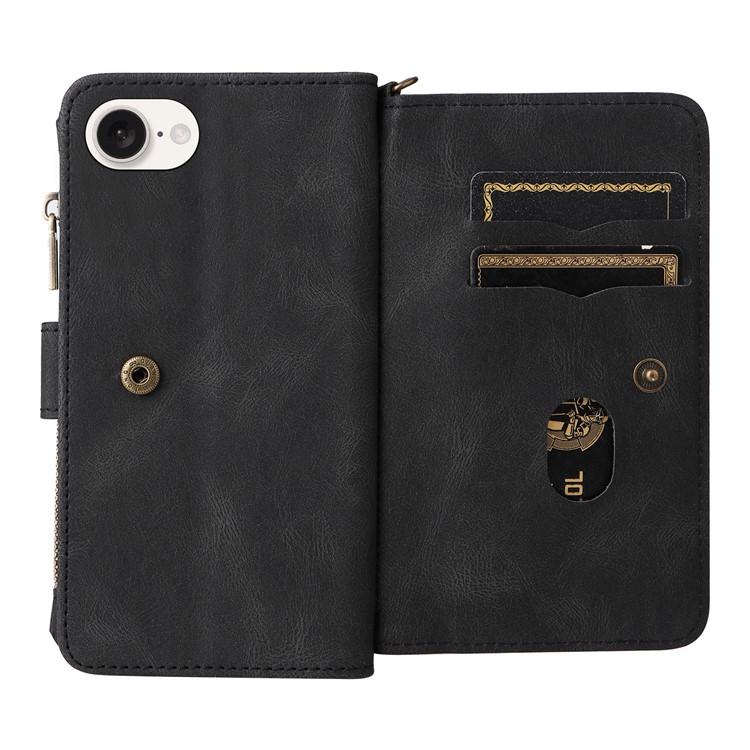 iPhone 16e Leder Tasche Flip Cover Kartenfächer mit Druckknopfverschluss   Handschlaufe - Schwarz