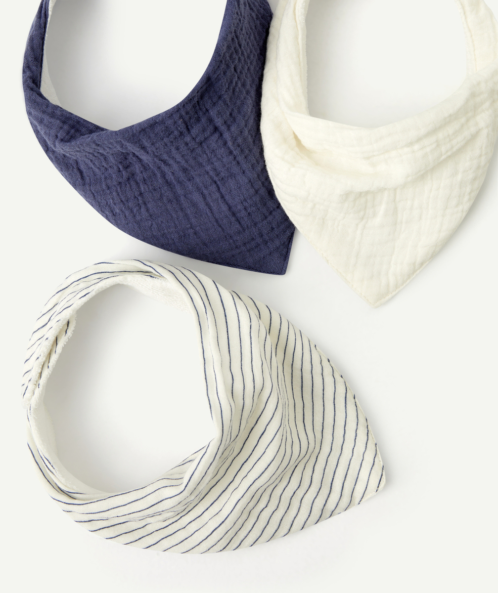 LOT DE 3 BAVOIRS BÉBÉ EN COTON STYLE BANDANAS BLEU ET BLANC