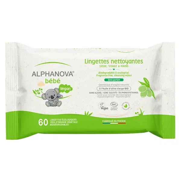 Lenços umedecidos Alphanova para bebês, com óleo de oliva e aloe vera, sem fragrância, biodegradáveis e orgânicos, 60 unidades.