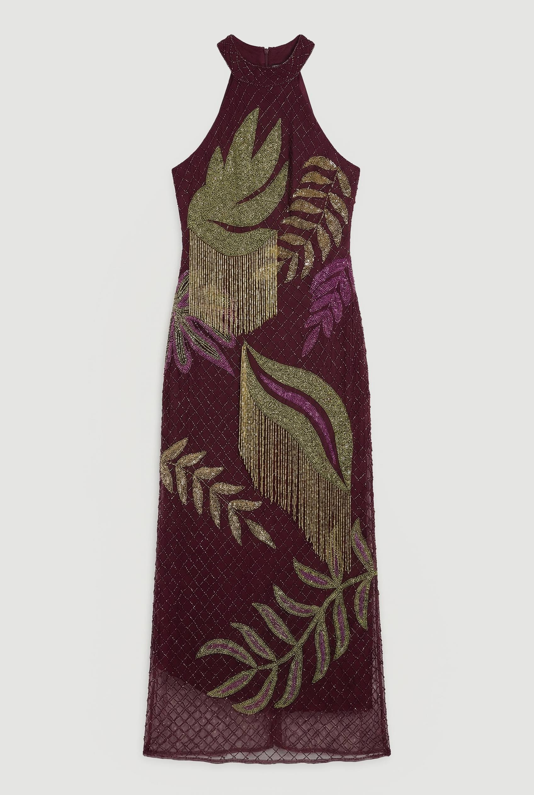 KarenMillen Robe Longue Dos Nu À Bretelles Avec Perles Et Motif Tropical Tissé