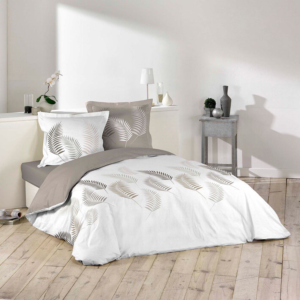 Parure housse de couette coton feuillage taupe et blanc 200x200cm