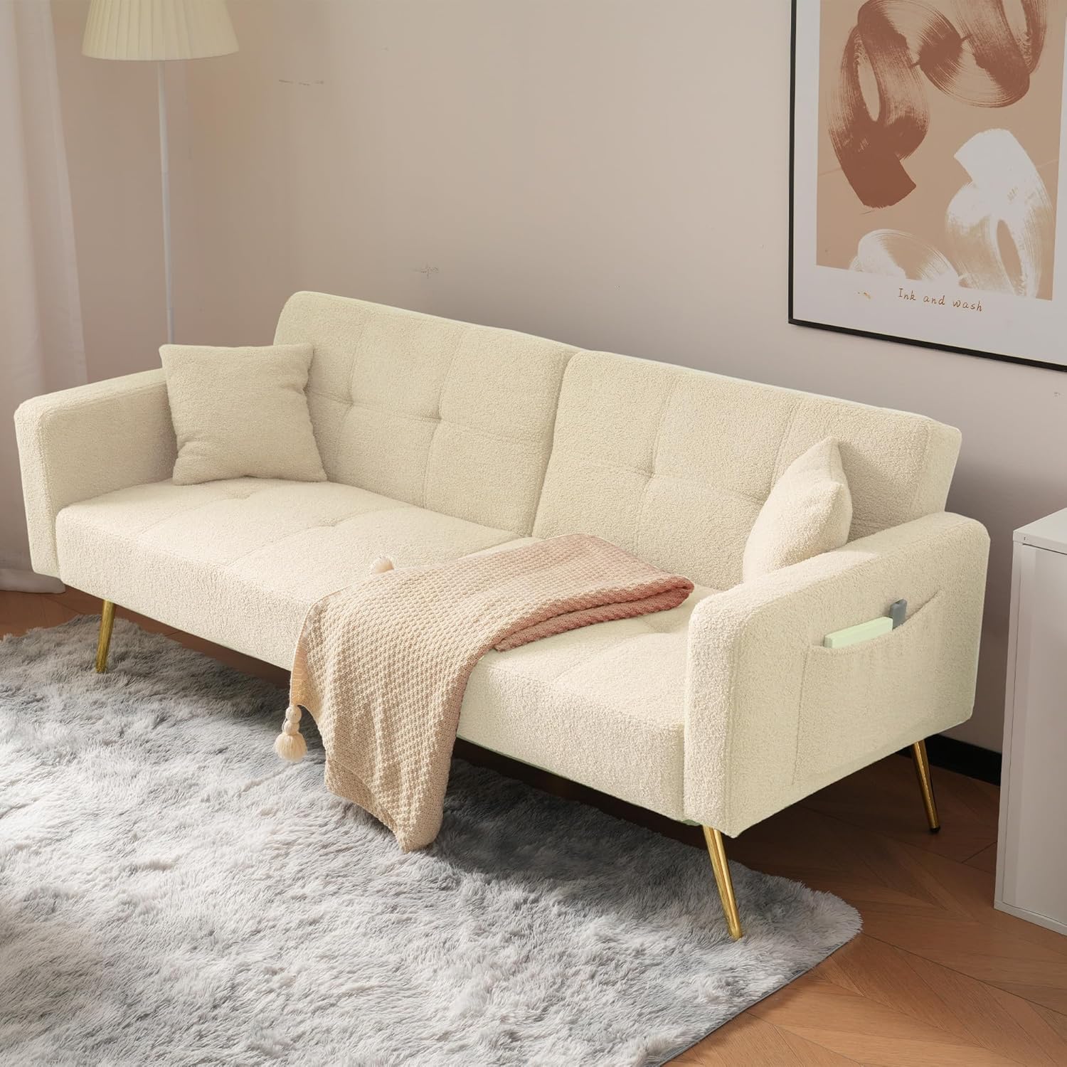2-in-1 Schlafsofa Sofa Couch mit Schlaffunktion, Verstellbarer Rückenlehne, goldenen Beinen, mit Kissen (Beige)